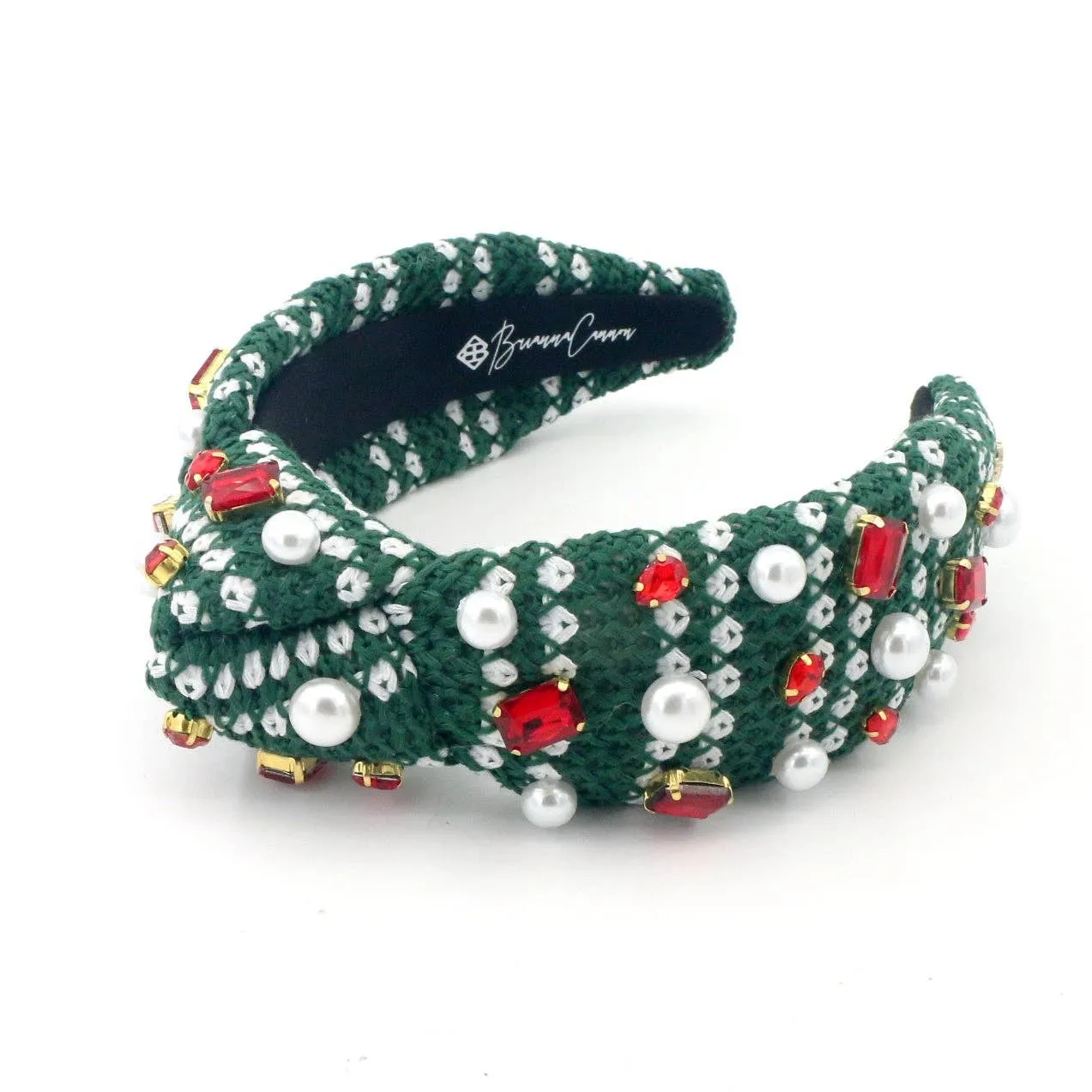 Green & White Knit Winter Headband With Crystals & Pearls