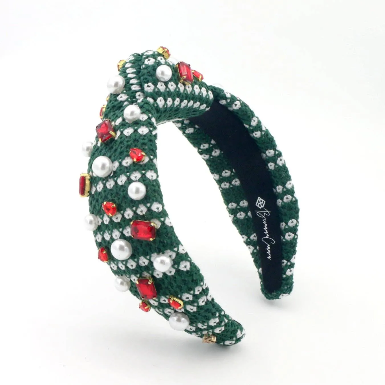 Green & White Knit Winter Headband With Crystals & Pearls