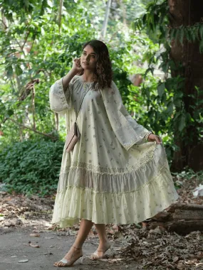 Green Block Print Mulmul Dress