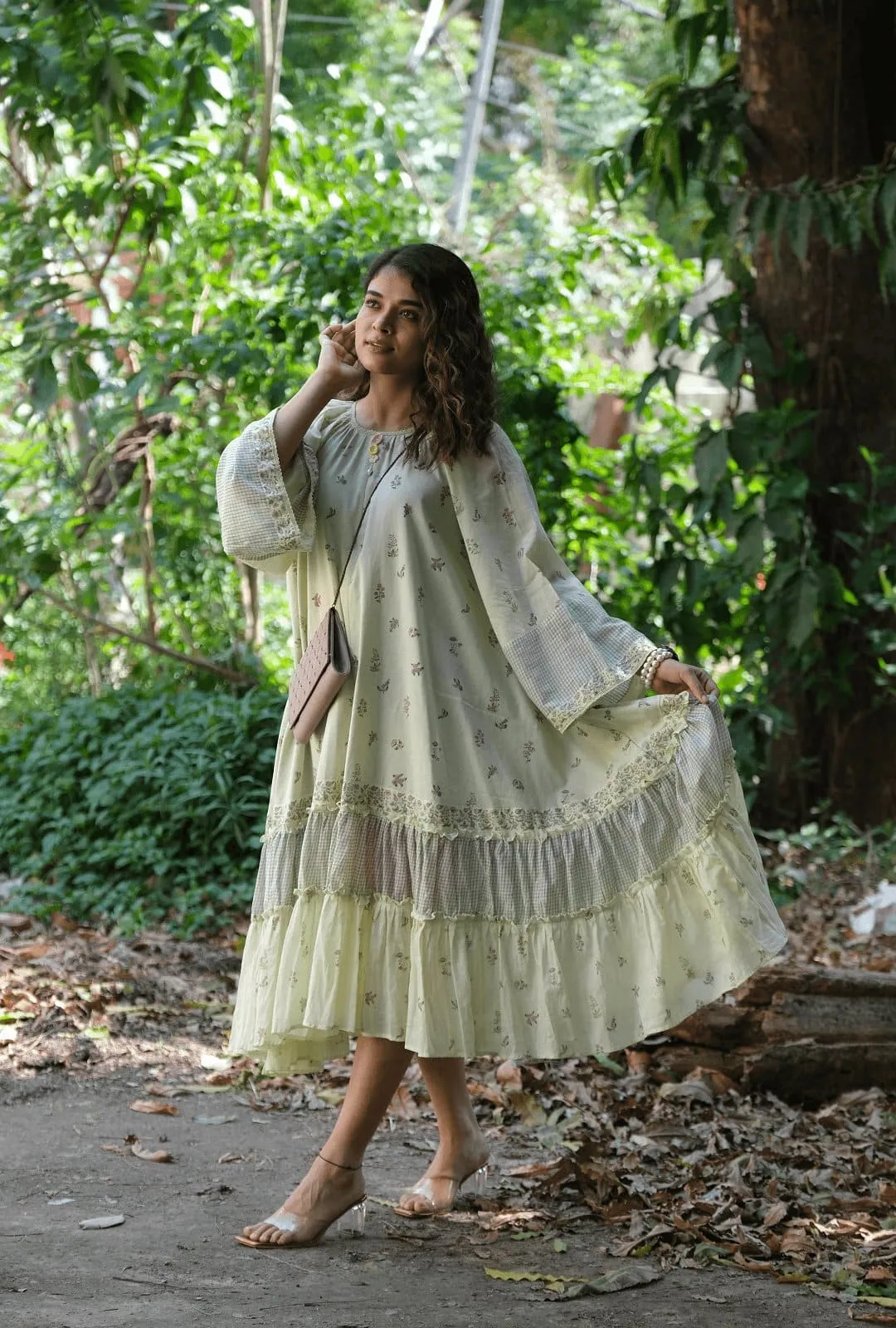 Green Block Print Mulmul Dress