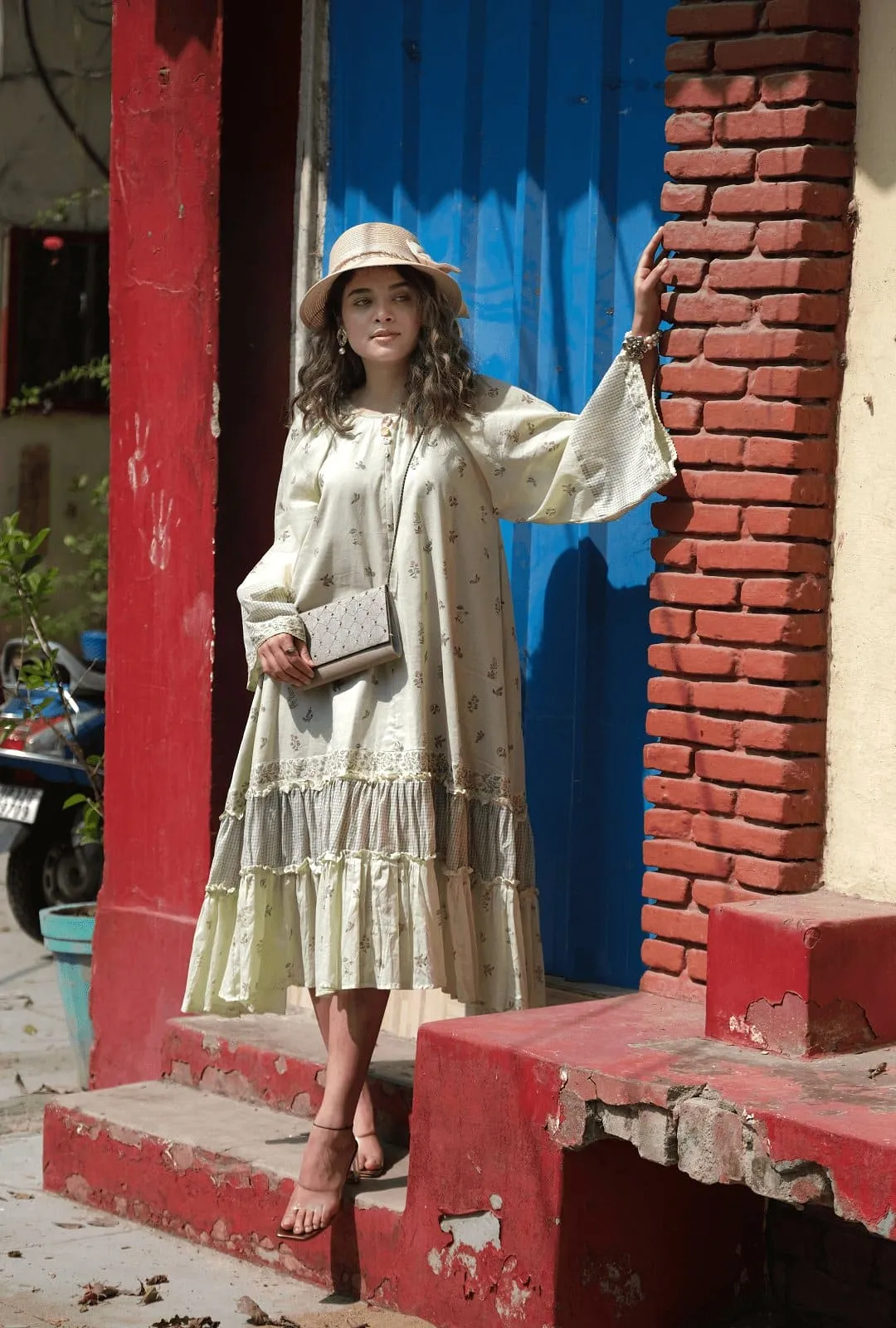 Green Block Print Mulmul Dress