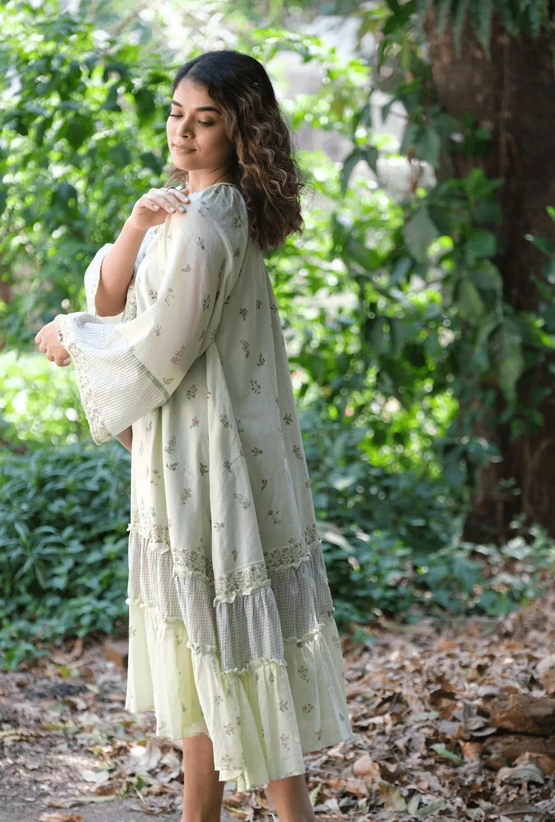 Green Block Print Mulmul Dress