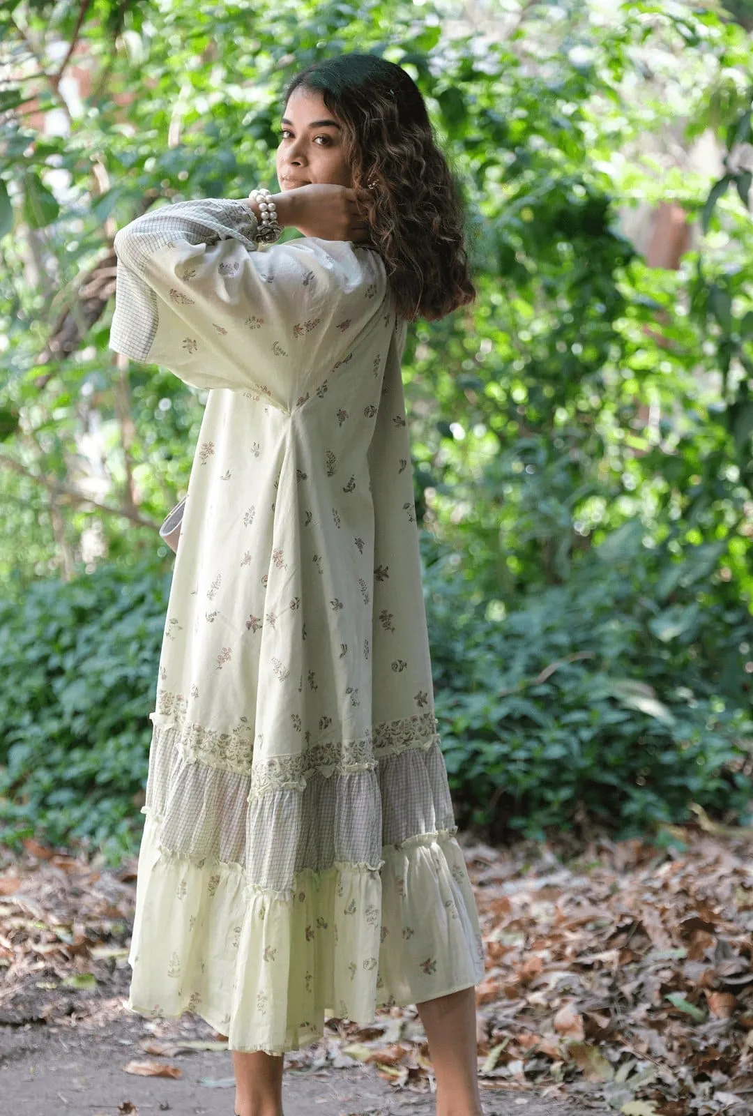 Green Block Print Mulmul Dress