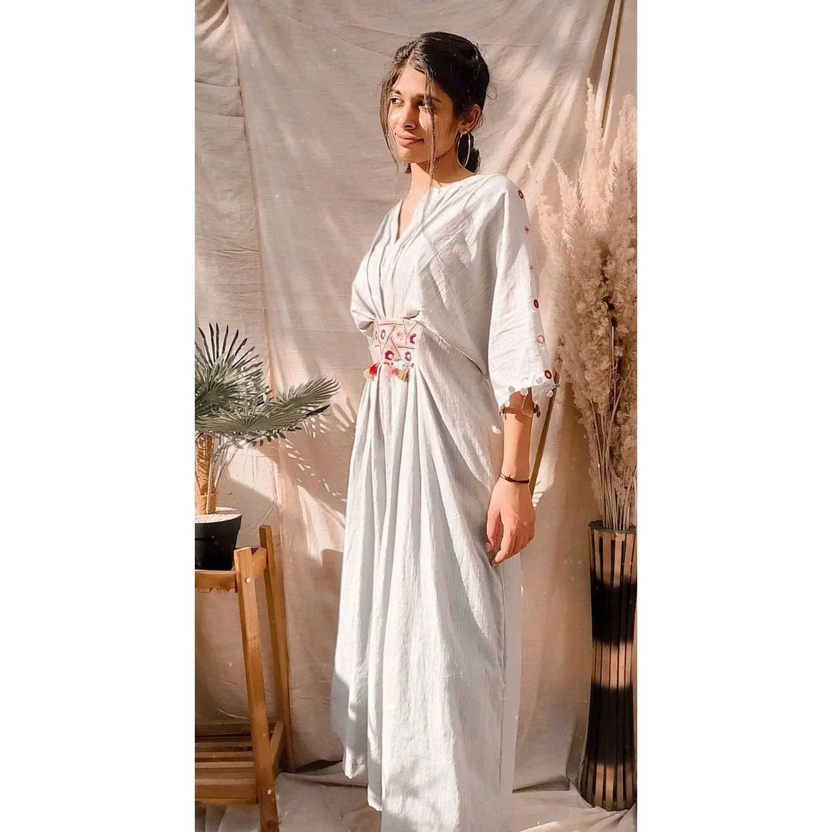 Grey khadi Floral Bohemia Belt Kaftan.