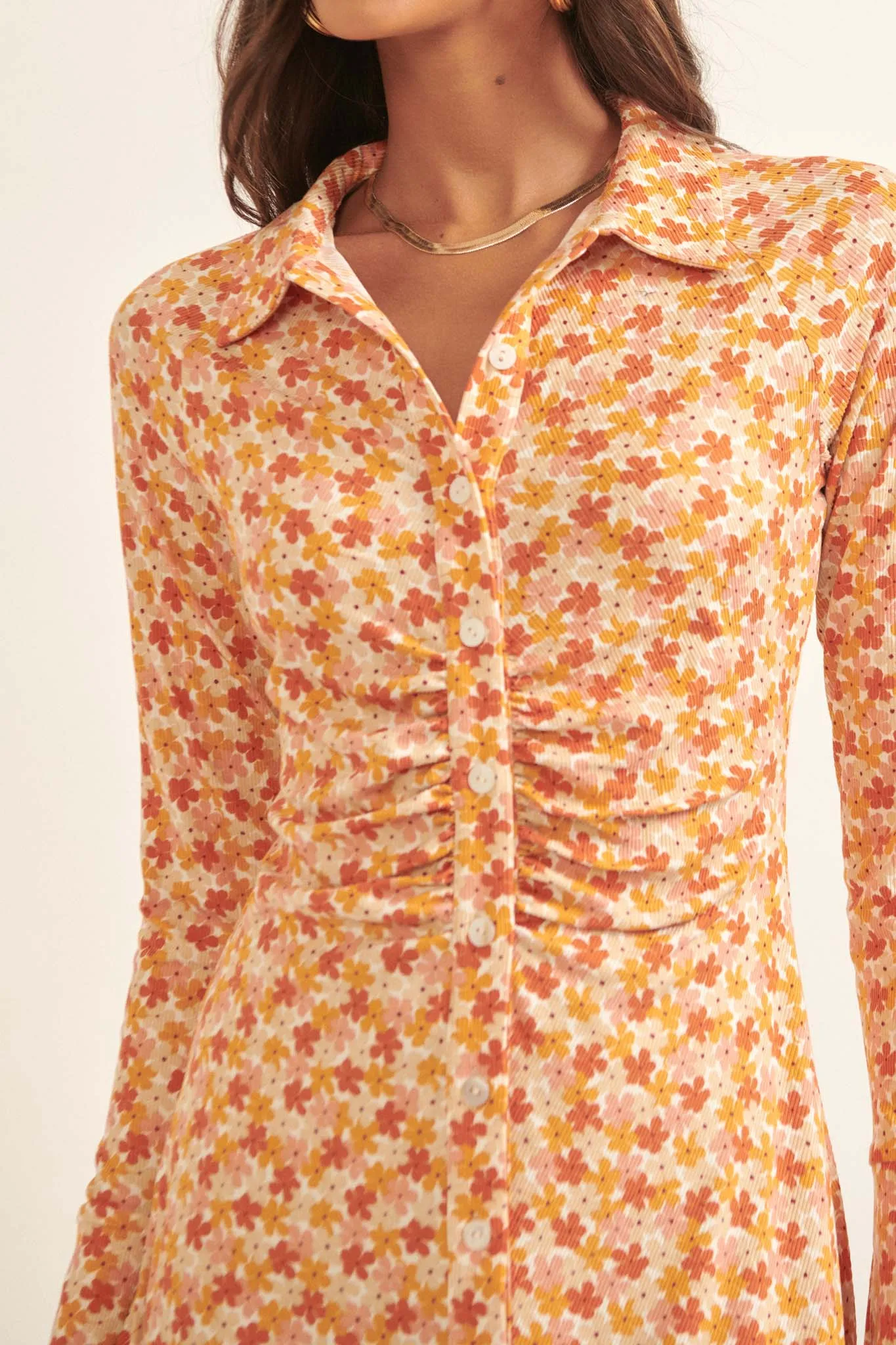 Groovy Blooms Floral Rib-Knit Mini Shirt Dress