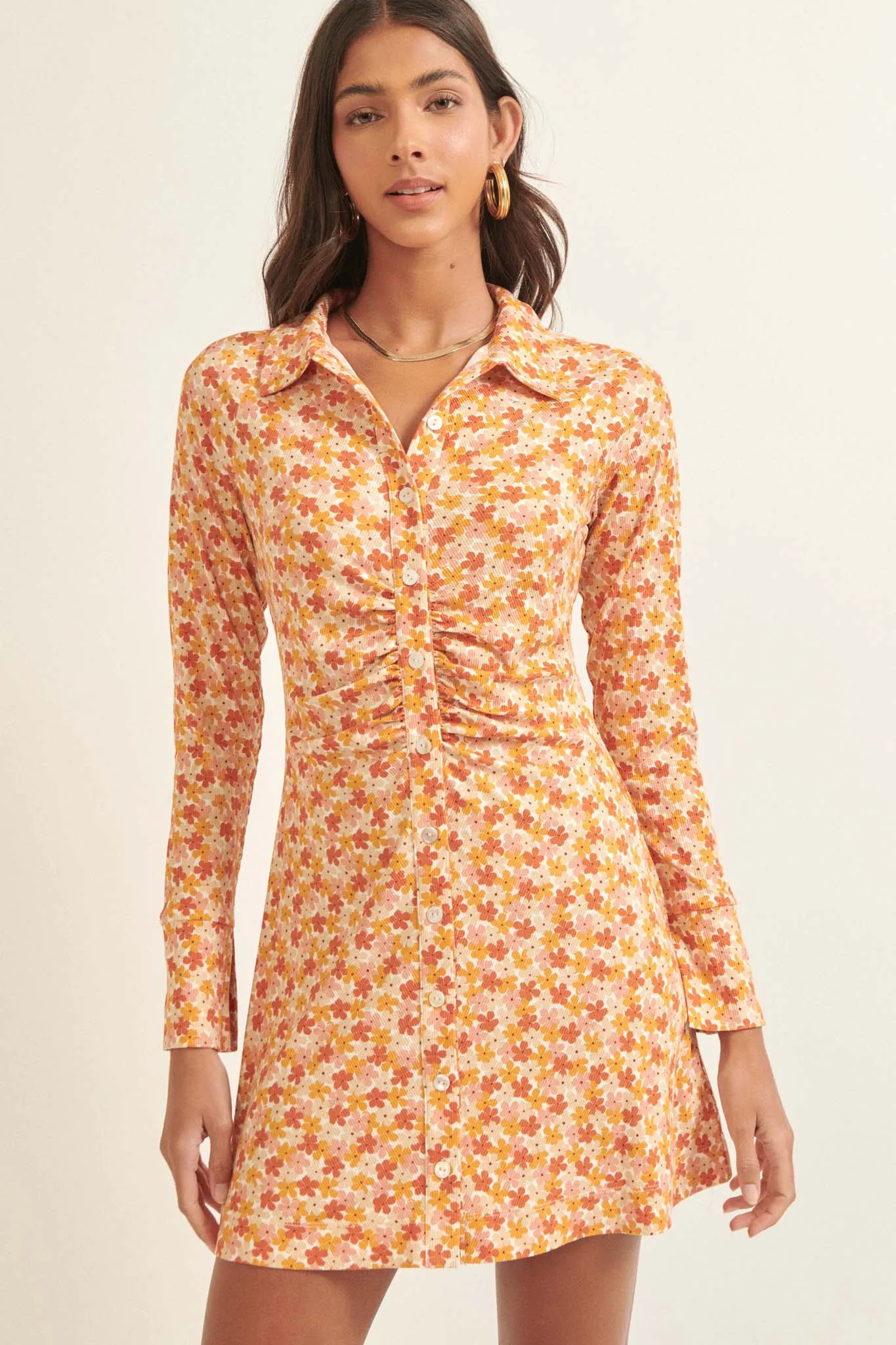 Groovy Blooms Floral Rib-Knit Mini Shirt Dress