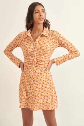 Groovy Blooms Floral Rib-Knit Mini Shirt Dress