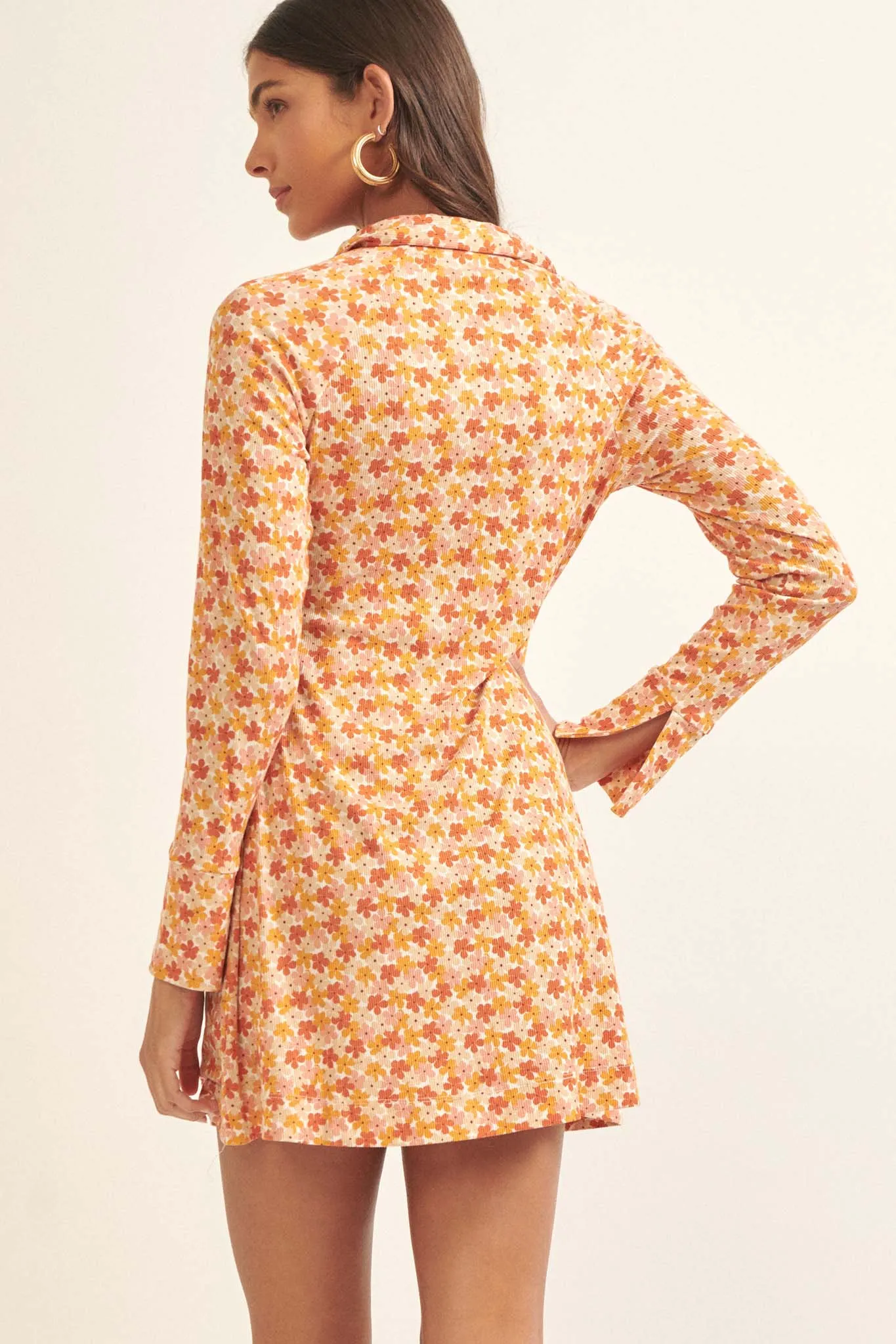Groovy Blooms Floral Rib-Knit Mini Shirt Dress