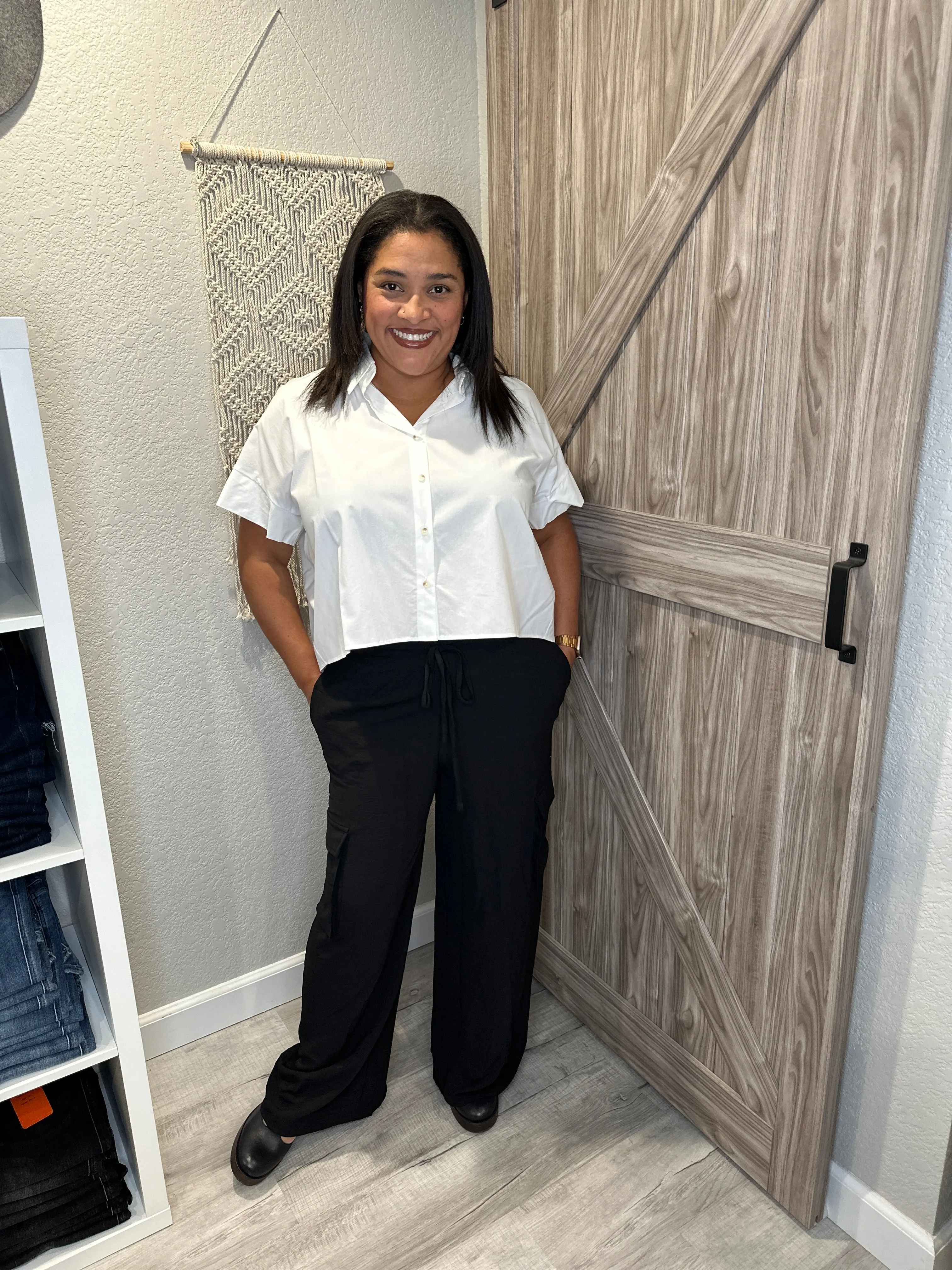 High Rise Cargo Utility Drawstring Black Pants