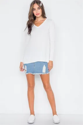 Ivory Knit Casual V-Neck Solid Long Sleeve Sweater
