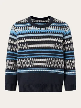 Jacquard knit cotton crew knit - Blue stripe
