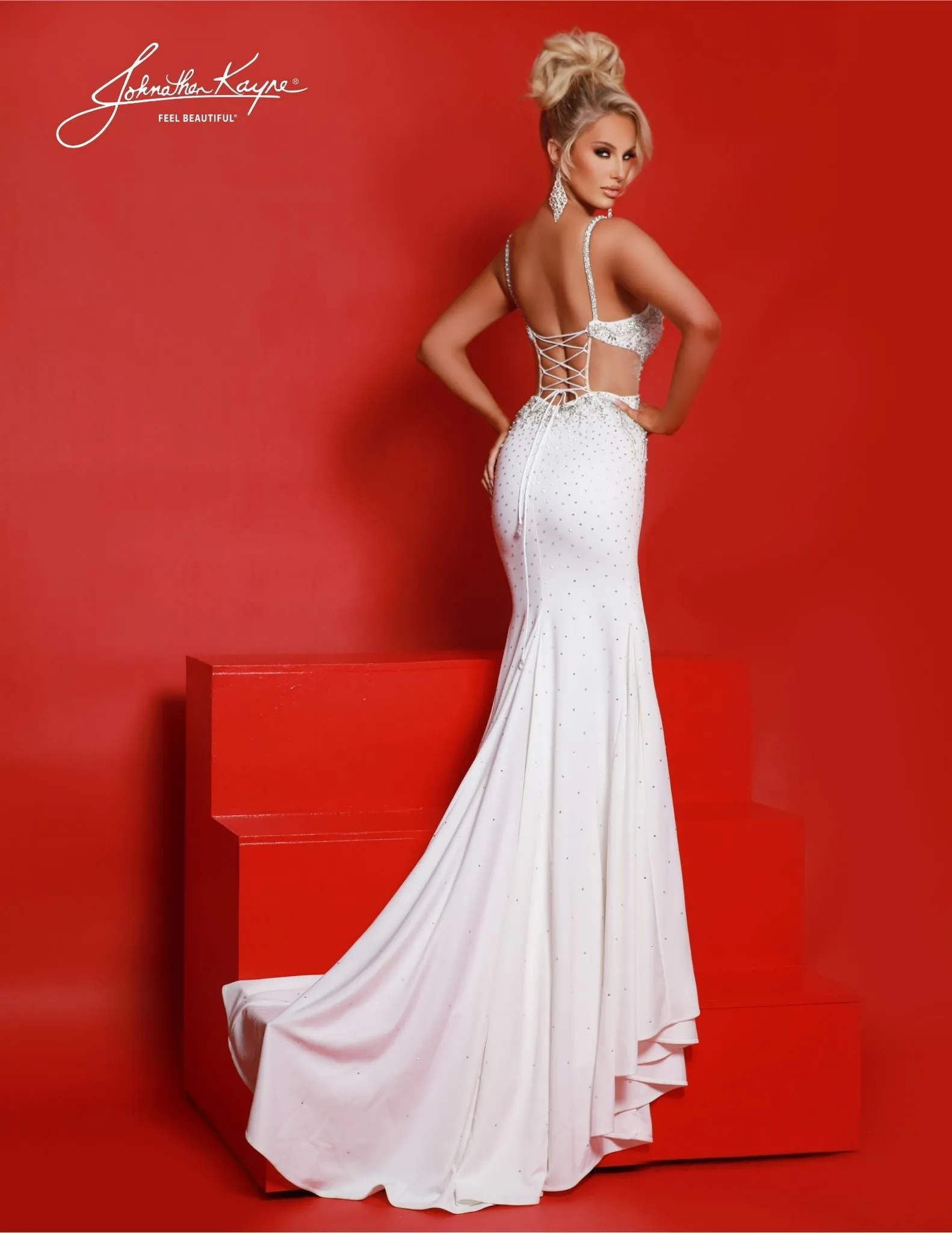 Johnathan Kayne 2846 Long Prom Dress Fitted Plunging Neckline High Slit Tail Side Cut Outs Formal Pageant Gown