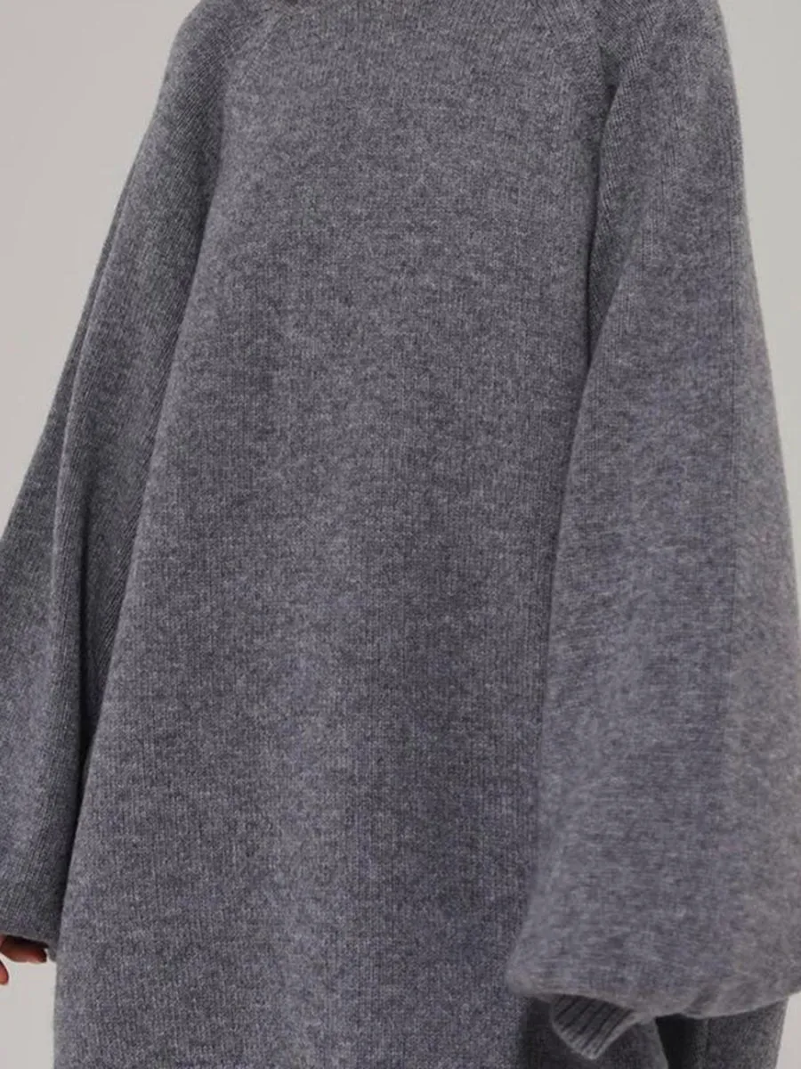 Ladies Fashion Pure Color Woolen Long Sleeve Dress