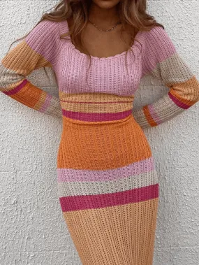LANFUBEISI - Color Block Stripe Knitted Maxi Dress