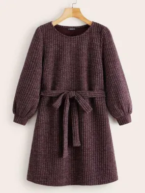 Lantern Sleeve Rib-knit Belted Dress