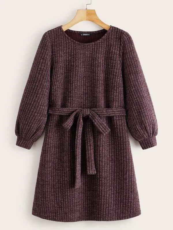 Lantern Sleeve Rib-knit Belted Dress