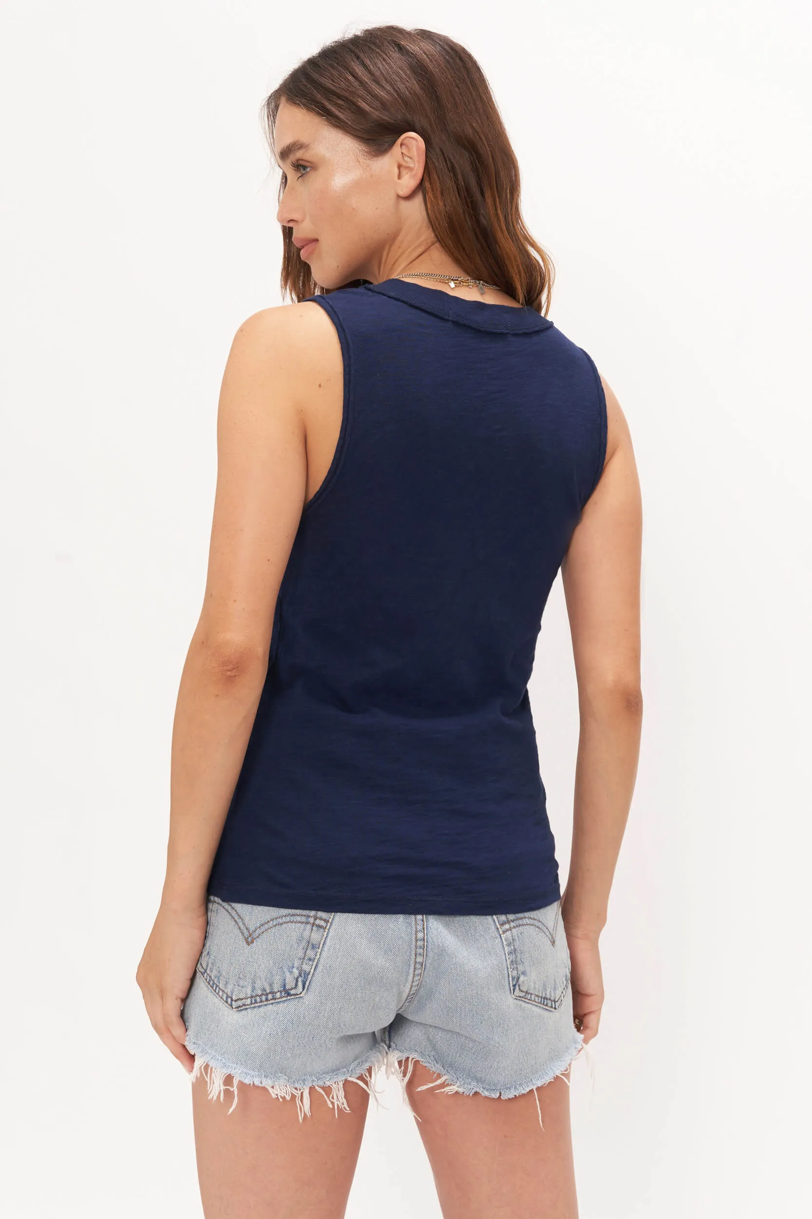 Let Me Know Relaxed Slub V Neck Tank - Navy Peony