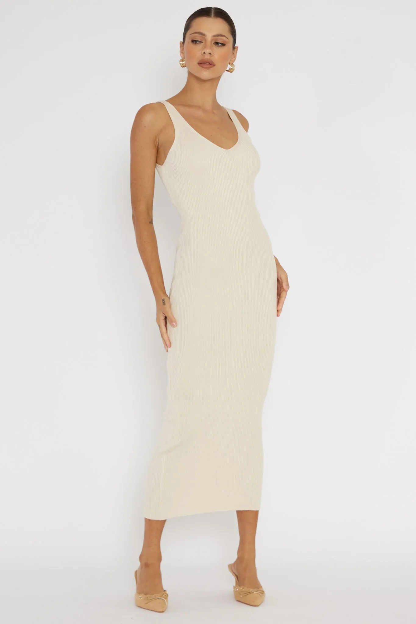 Linzi Lace-Up Back Knit Midi Dress Cream