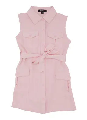 Little Girls Sleeveless Tie Waist Belted Shirt Dress