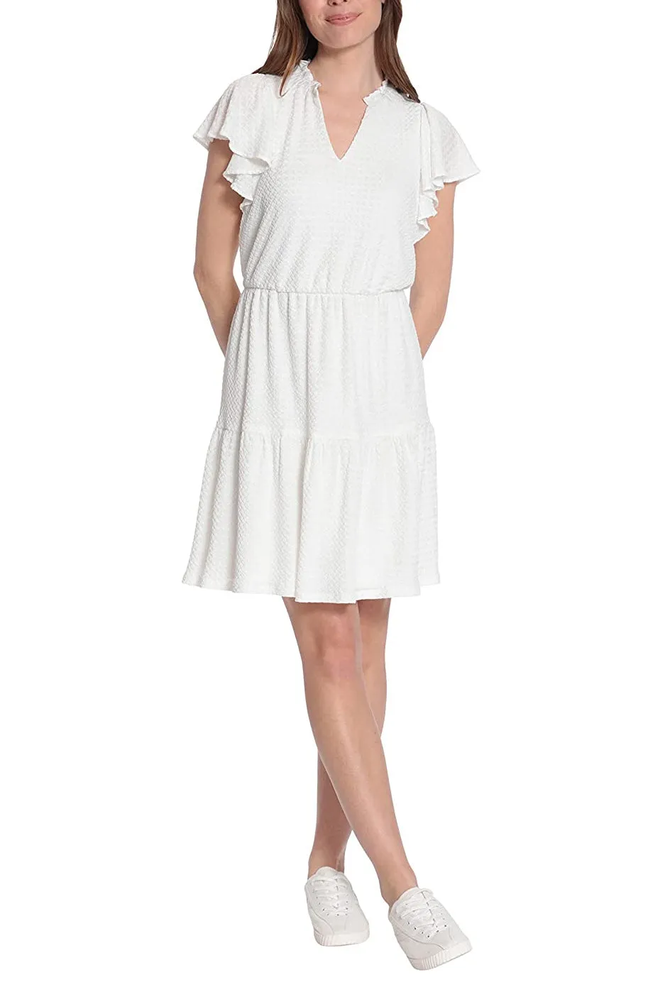 London Times V Neck Short Butterfly Sleeves Pull Over Short Jersey Dress