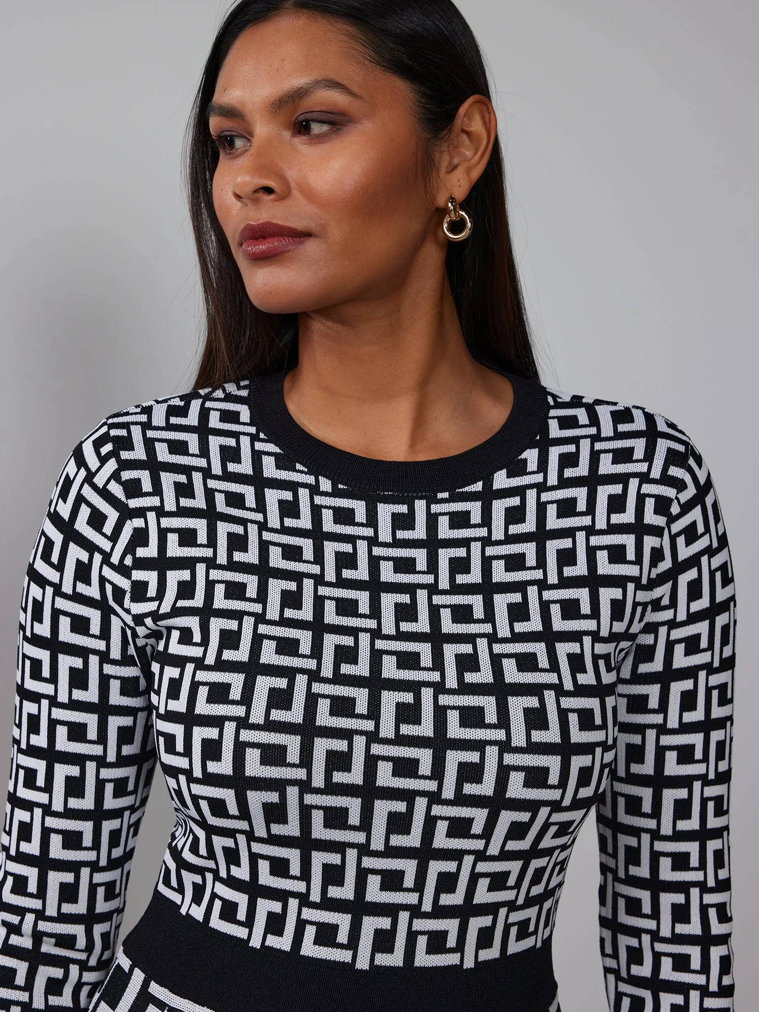 Long Sleeve Geometric A-Line Dress