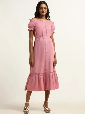 LOV Light Pink Off Shoulder Cotton Blended Linen Dress