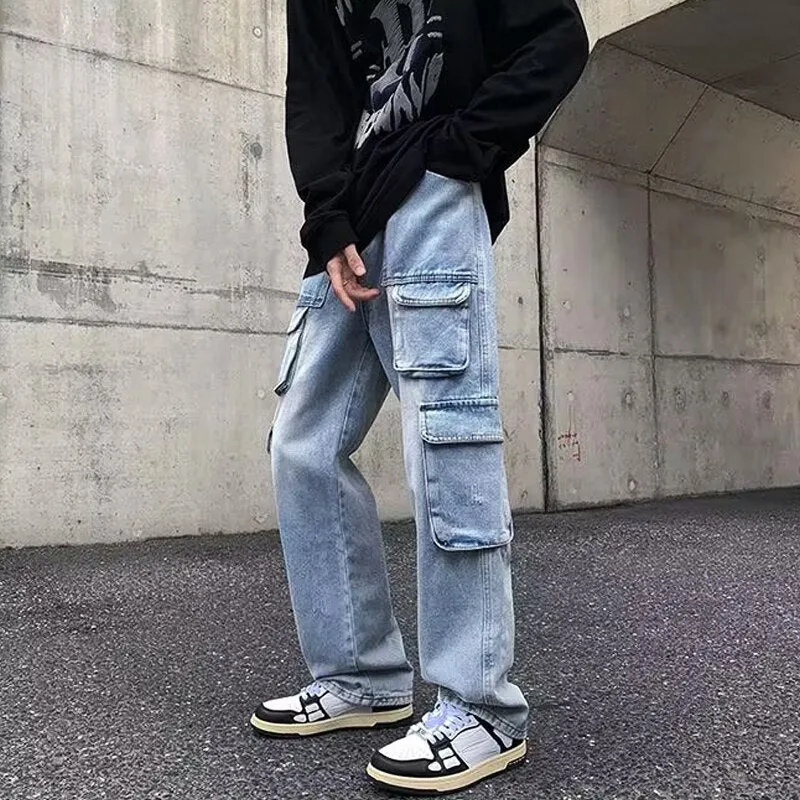 Men's Y2K Clothes Multi-pockets Cargo Pants Streetwear Korean Clothing Baggy Jeans Straight Trousers Male Denim Pants For Men