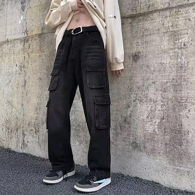 Men's Y2K Clothes Multi-pockets Cargo Pants Streetwear Korean Clothing Baggy Jeans Straight Trousers Male Denim Pants For Men