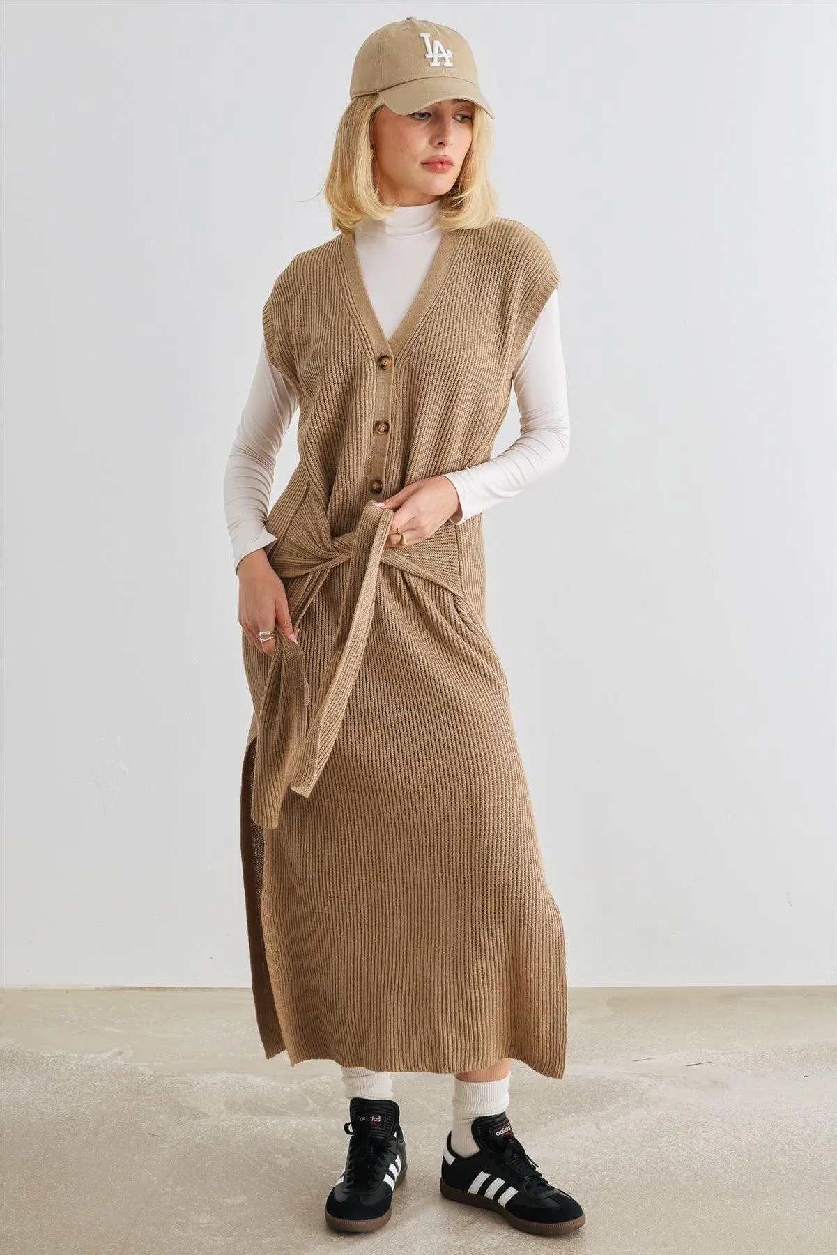 Mocha Knit Button-Up Sleeveless Belted Midi Sweater Dress /2-2-1