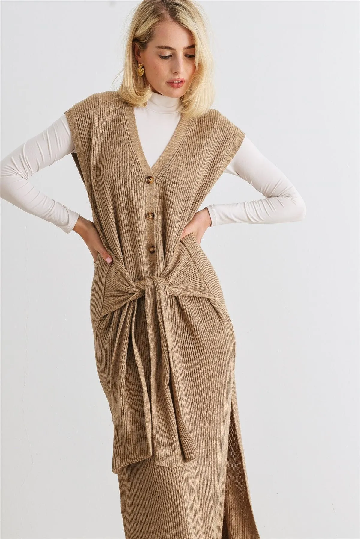 Mocha Knit Button-Up Sleeveless Belted Midi Sweater Dress /2-2-1