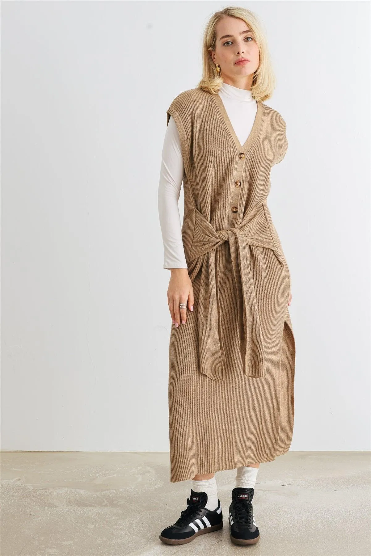 Mocha Knit Button-Up Sleeveless Belted Midi Sweater Dress /2-2-1