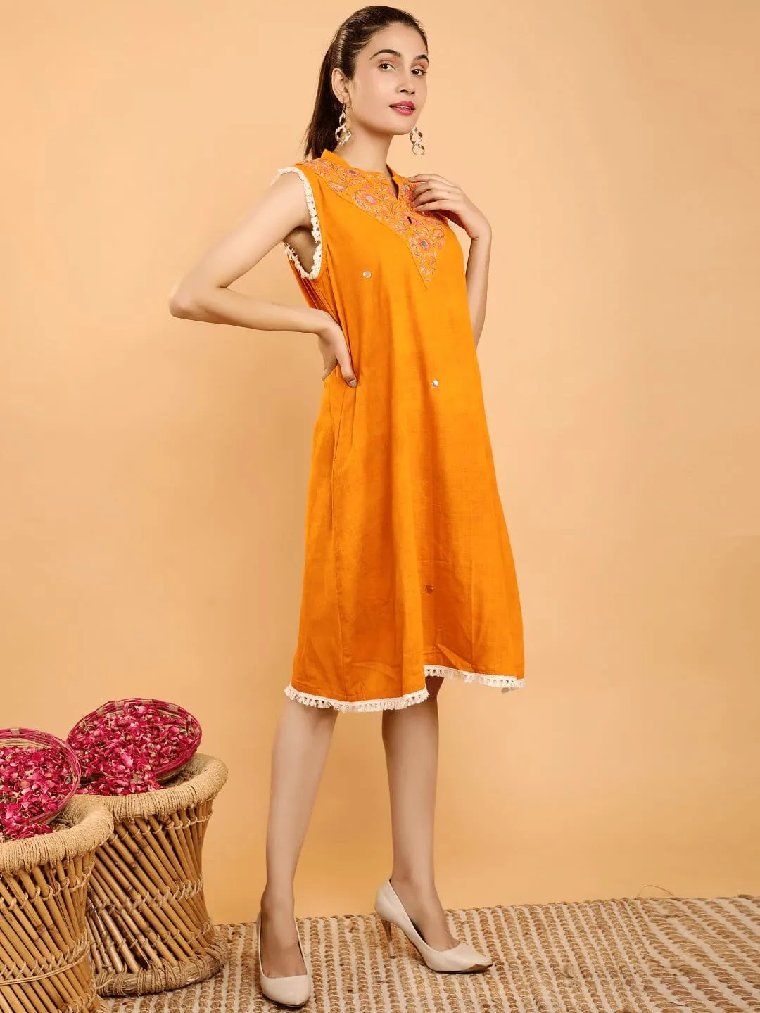 Mustard Yellow Cotton Boho Chikankari Dress
