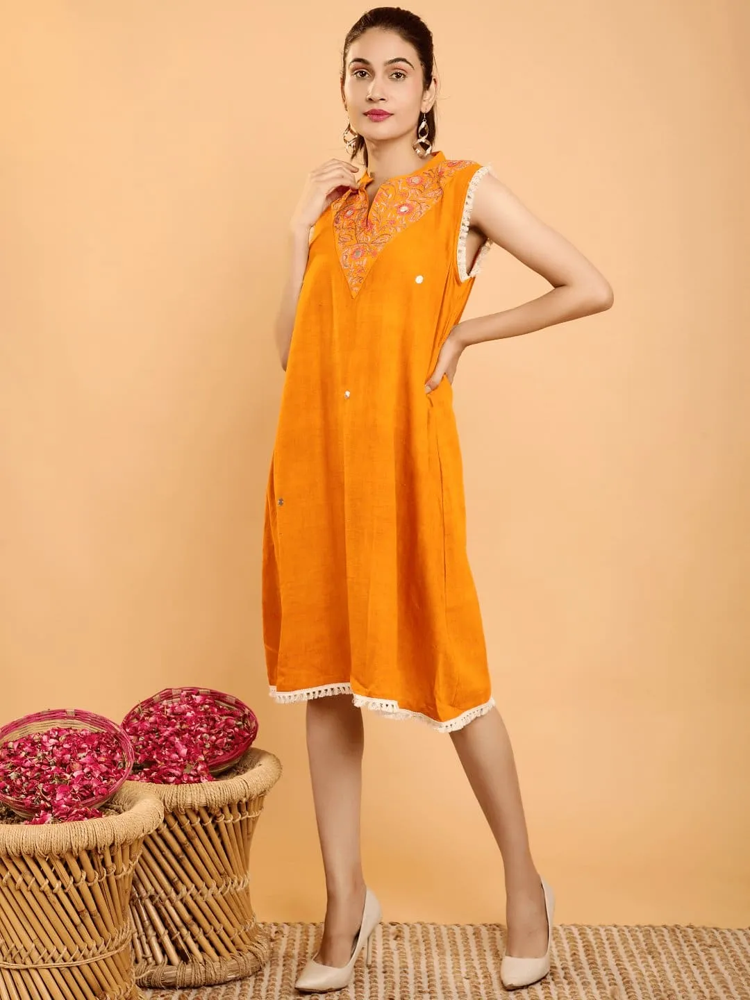 Mustard Yellow Cotton Boho Chikankari Dress