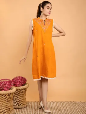 Mustard Yellow Cotton Boho Chikankari Dress