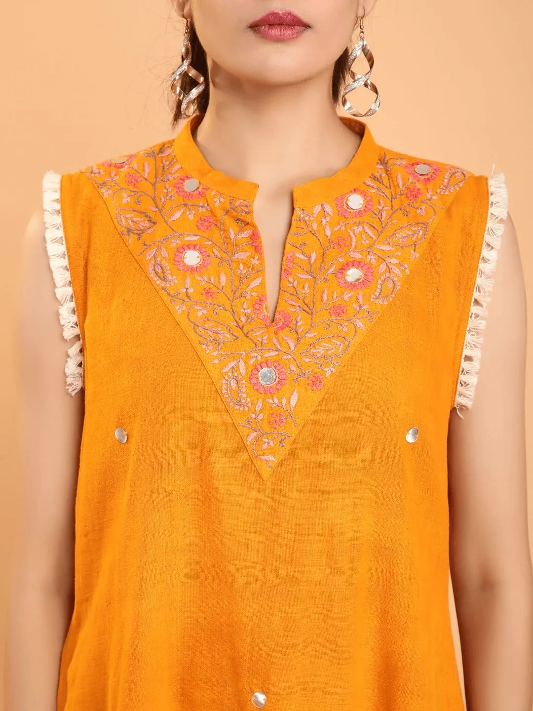 Mustard Yellow Cotton Boho Chikankari Dress