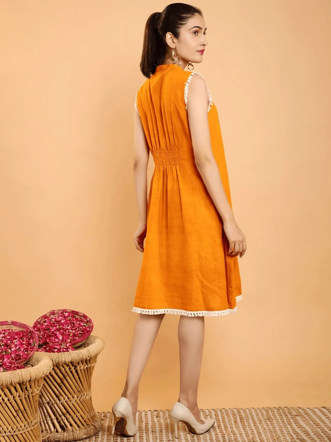 Mustard Yellow Cotton Boho Chikankari Dress