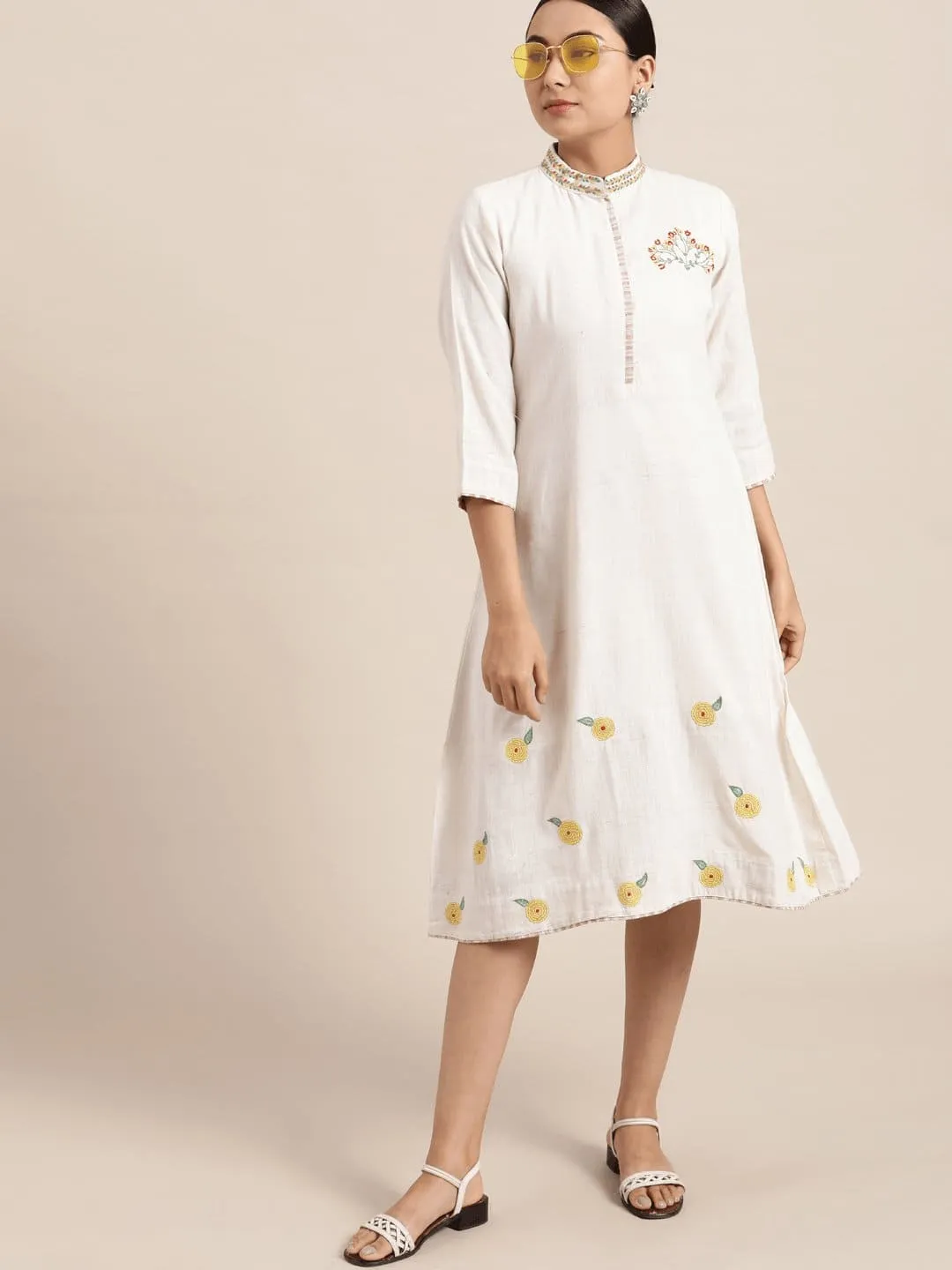 Off-White Floral  Embroidered Dress