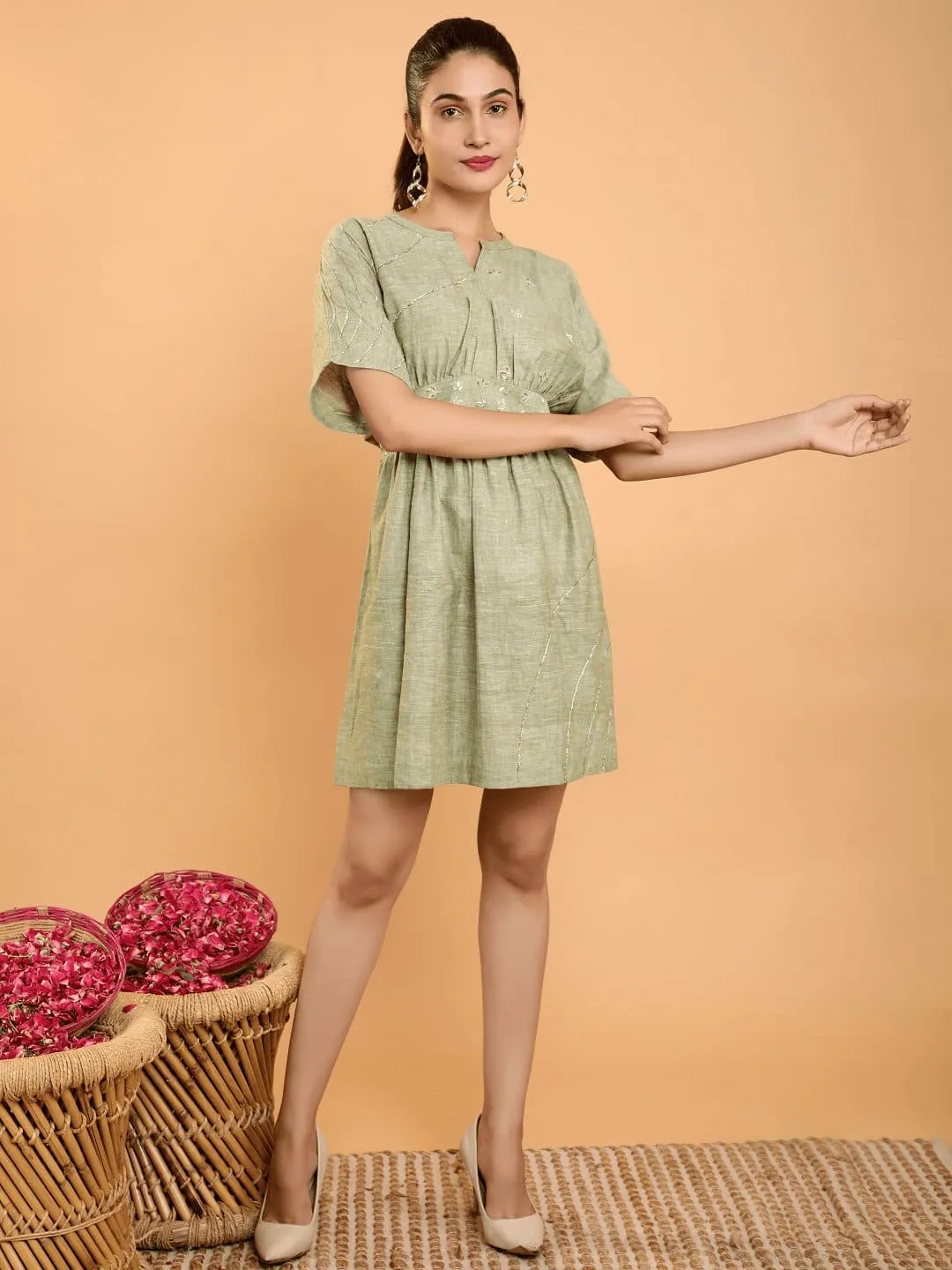 Olive Green Dabka Gotta Dress