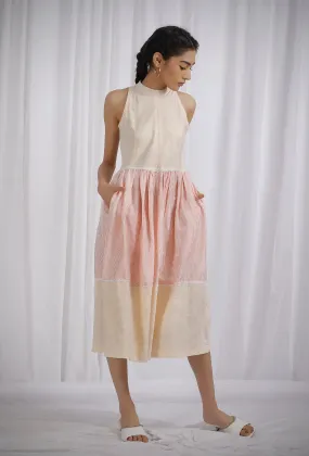 Orange and Yellow Cotton Striped Halter Neck Flared Dress