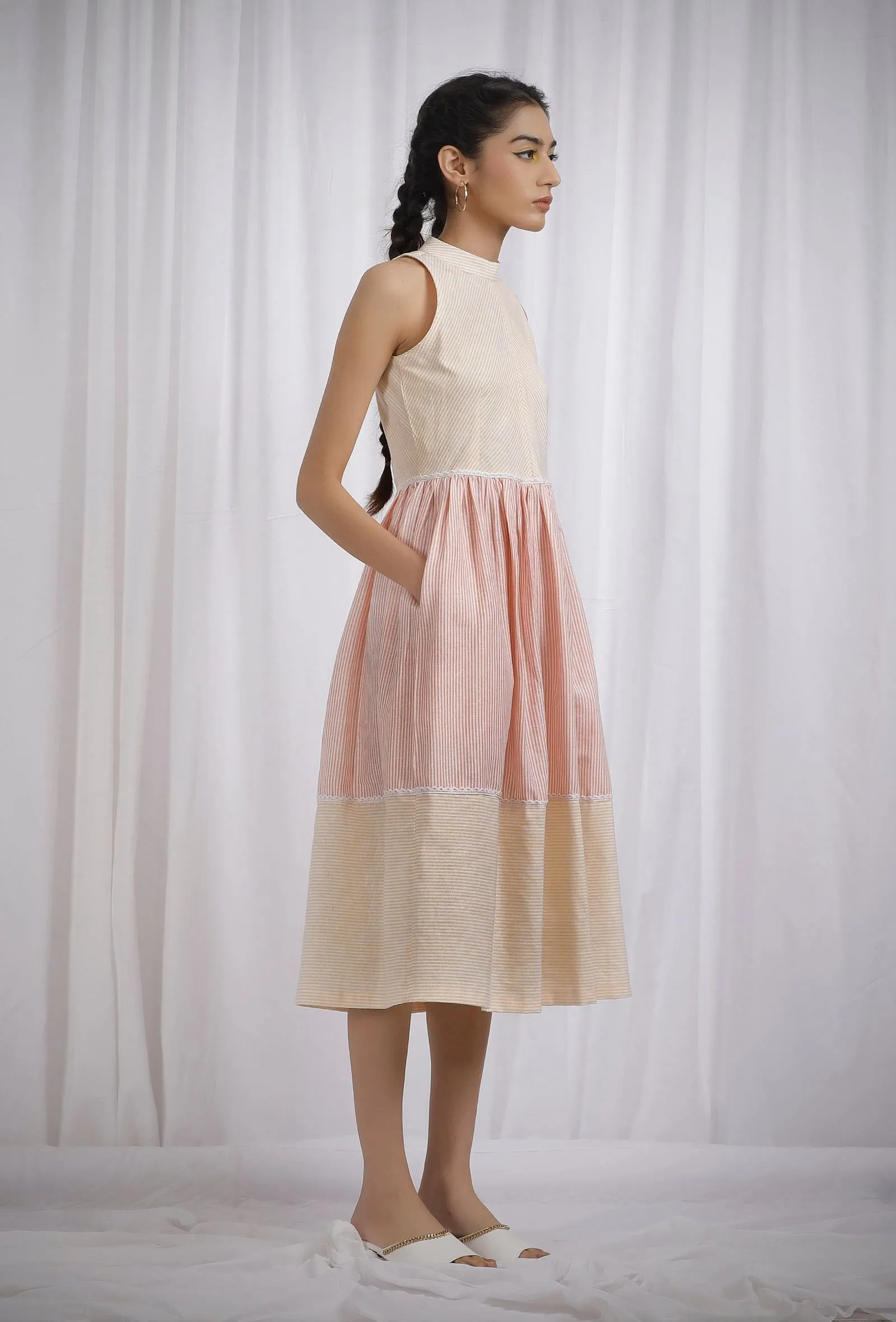 Orange and Yellow Cotton Striped Halter Neck Flared Dress