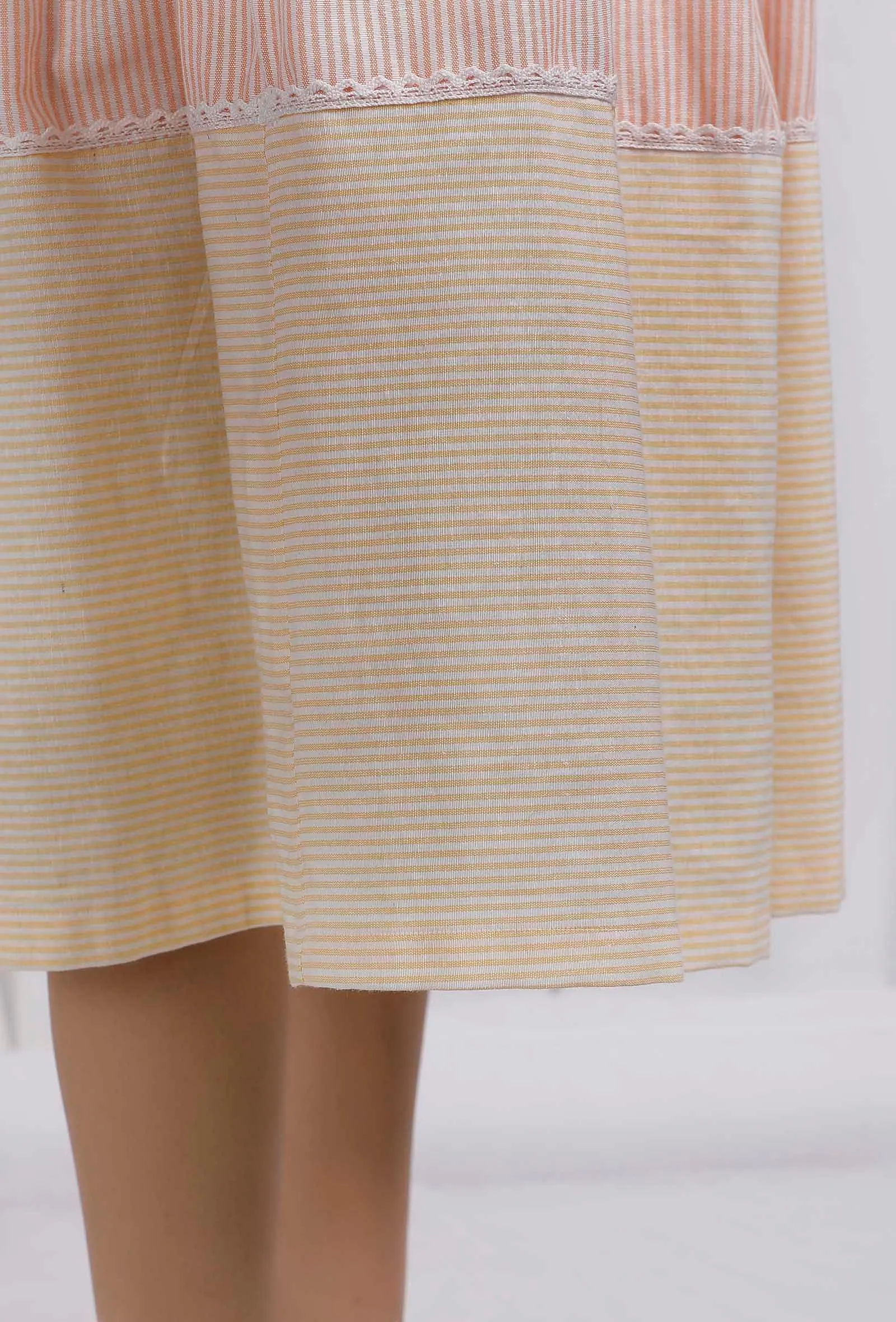 Orange and Yellow Cotton Striped Halter Neck Flared Dress
