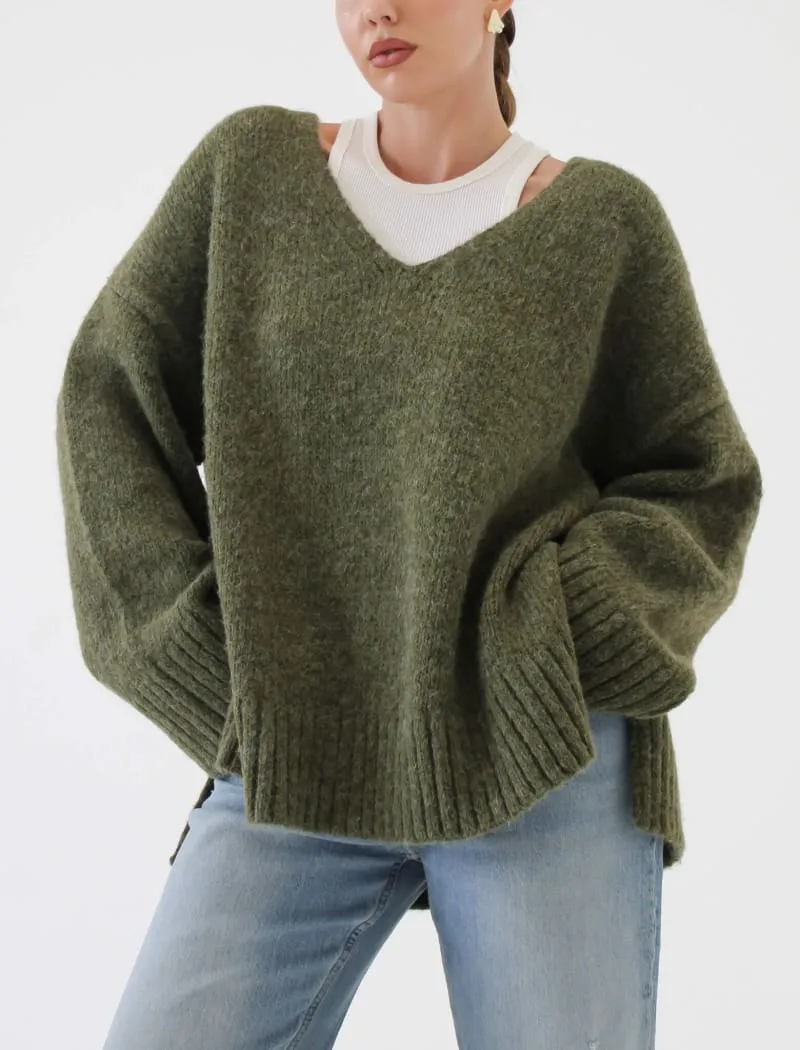 Oxford V-Neck Sweater | Moss