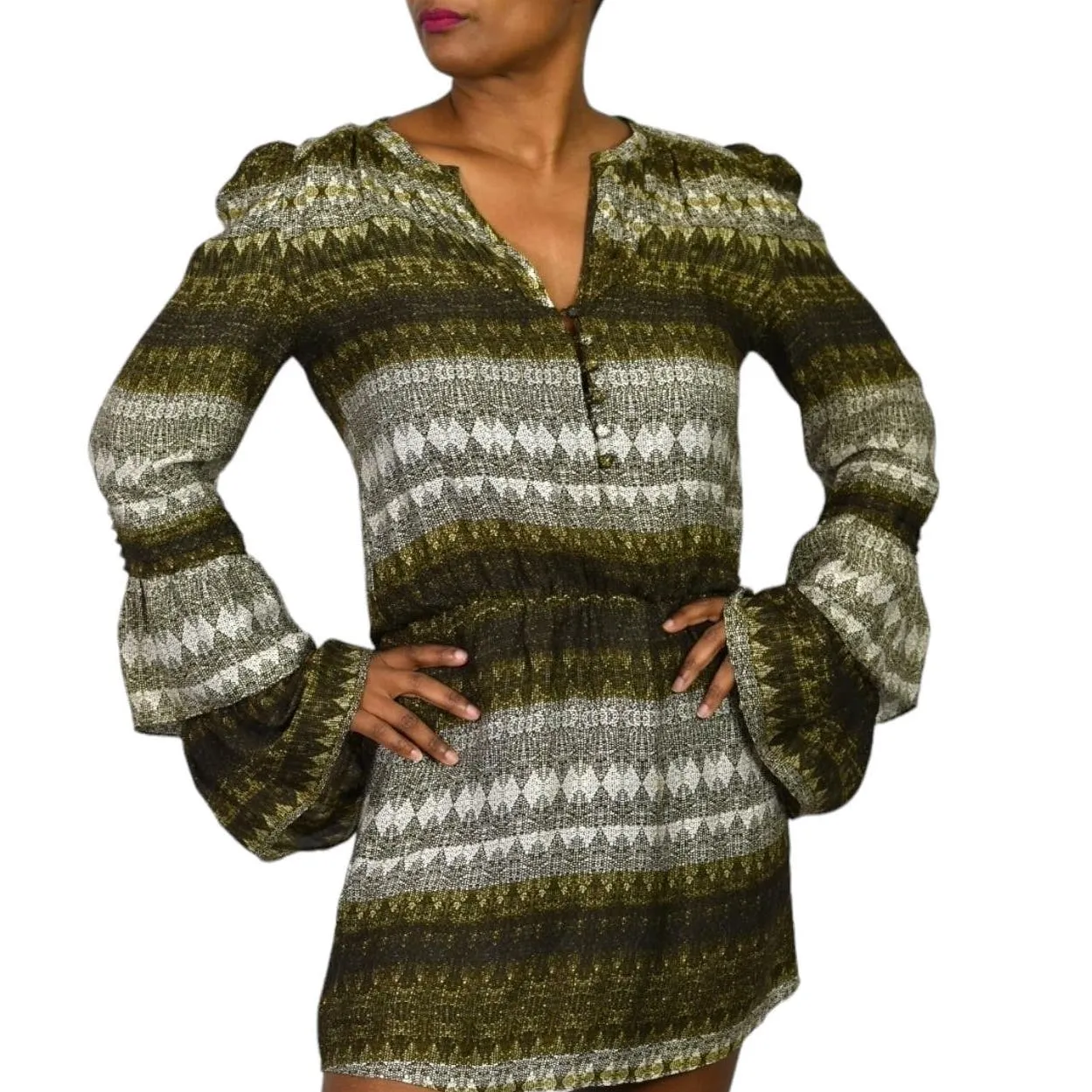 Parker Silk Print Mini Dress Brown Stripe Graphic Tassels Long Sleeve Tiered Size Small