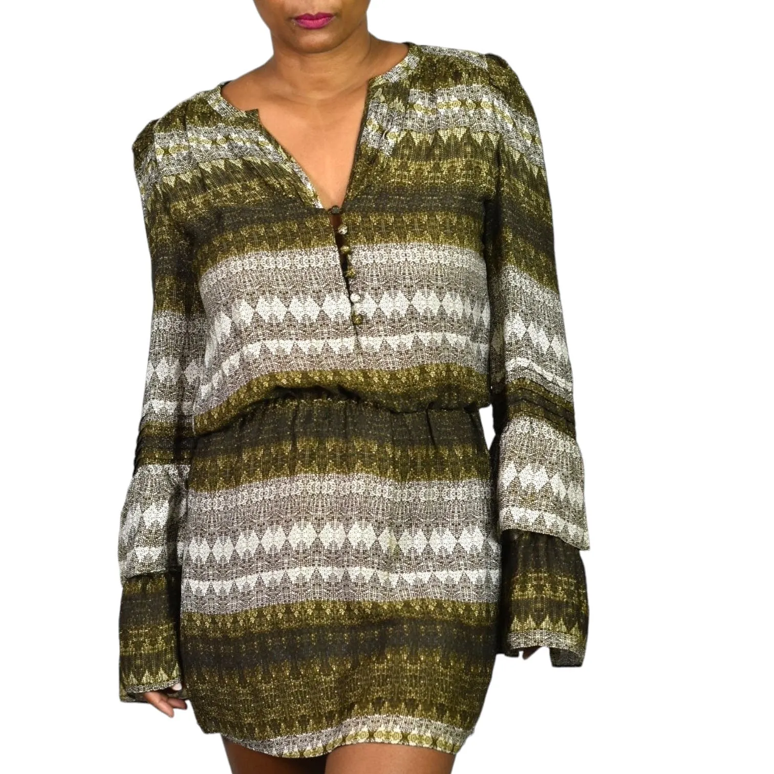 Parker Silk Print Mini Dress Brown Stripe Graphic Tassels Long Sleeve Tiered Size Small