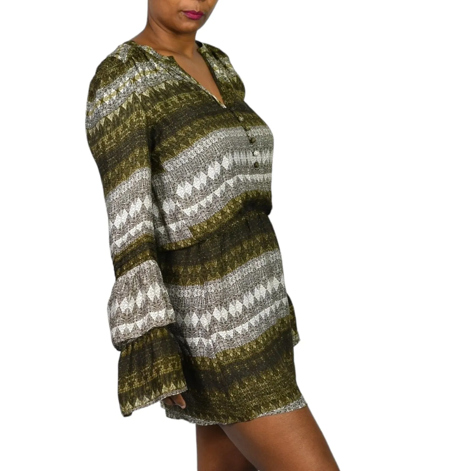Parker Silk Print Mini Dress Brown Stripe Graphic Tassels Long Sleeve Tiered Size Small