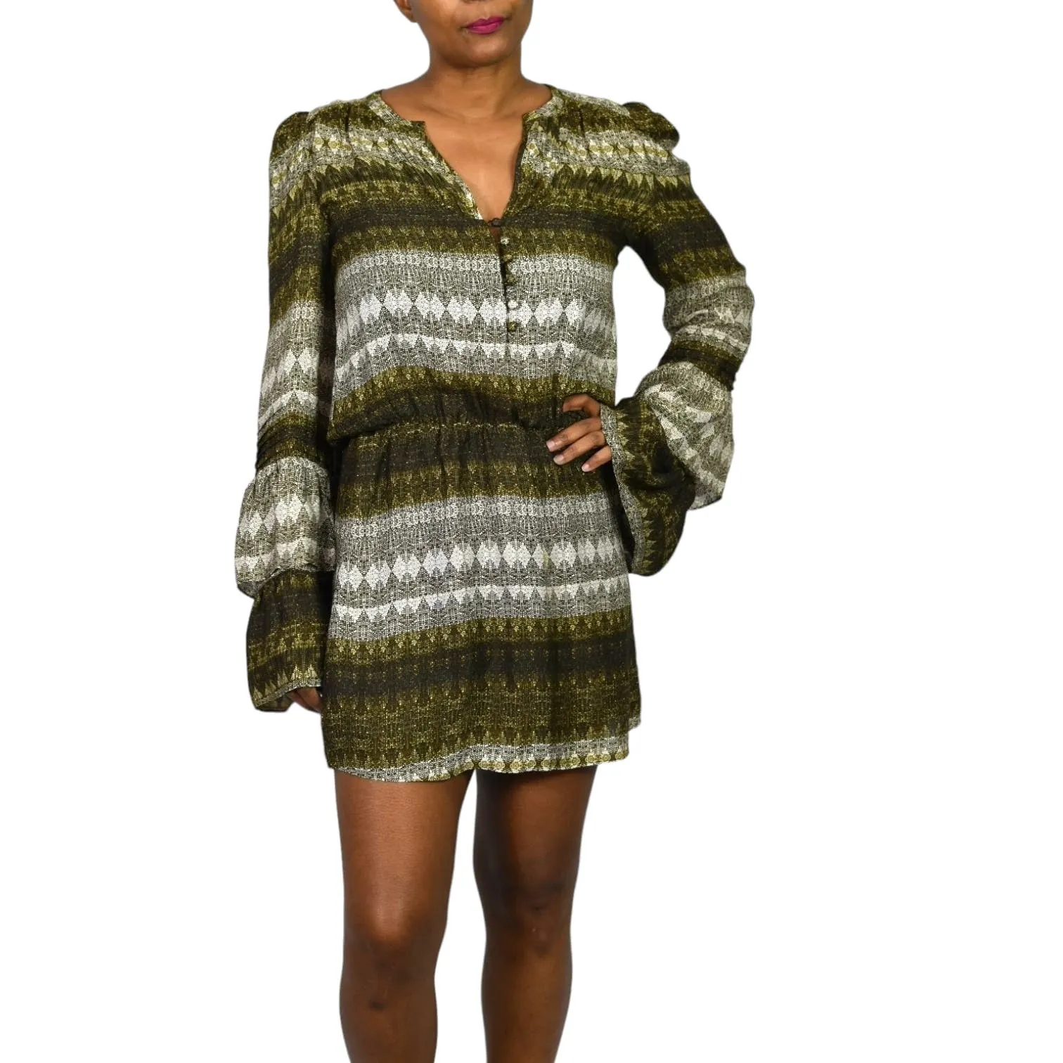 Parker Silk Print Mini Dress Brown Stripe Graphic Tassels Long Sleeve Tiered Size Small