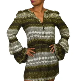 Parker Silk Print Mini Dress Brown Stripe Graphic Tassels Long Sleeve Tiered Size Small