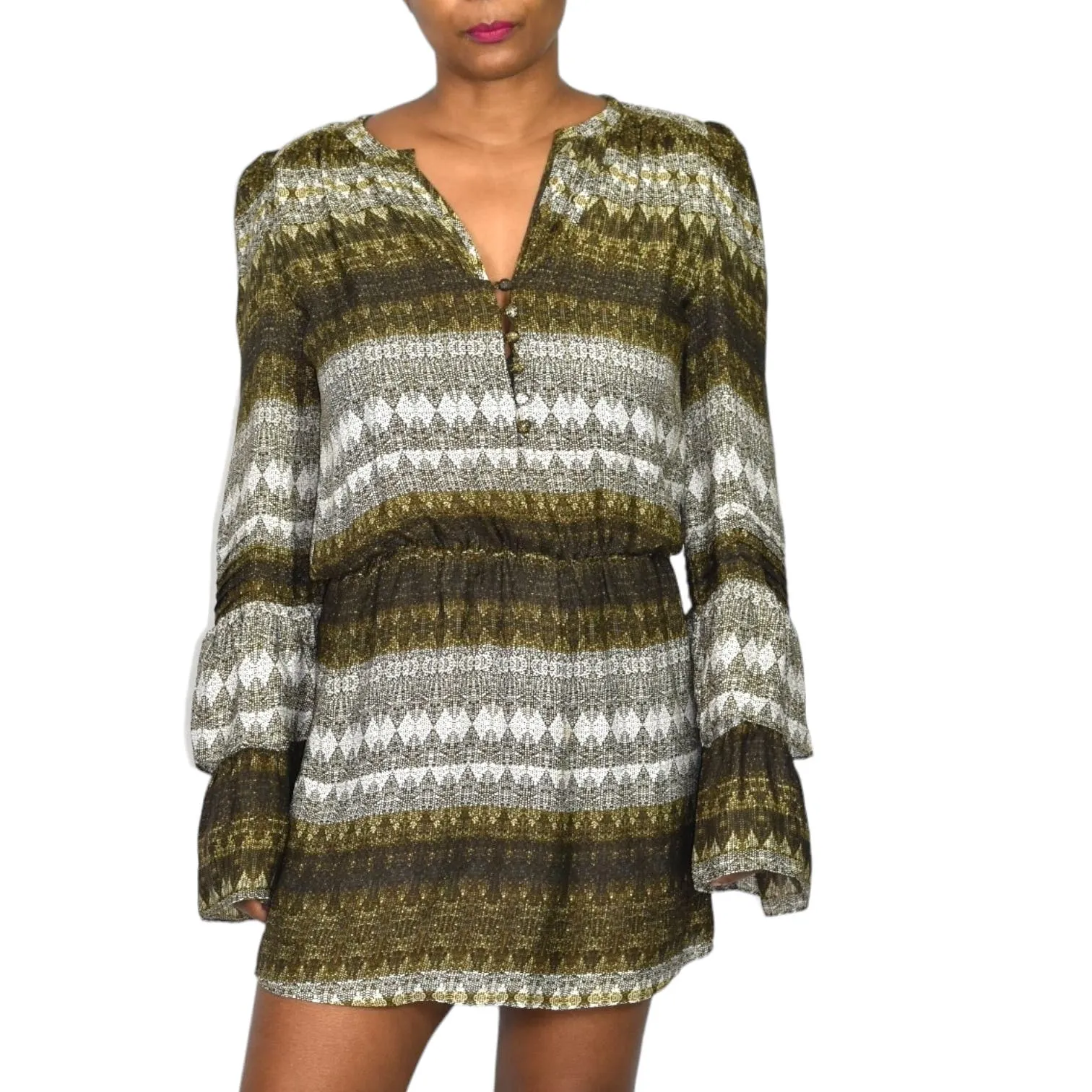 Parker Silk Print Mini Dress Brown Stripe Graphic Tassels Long Sleeve Tiered Size Small