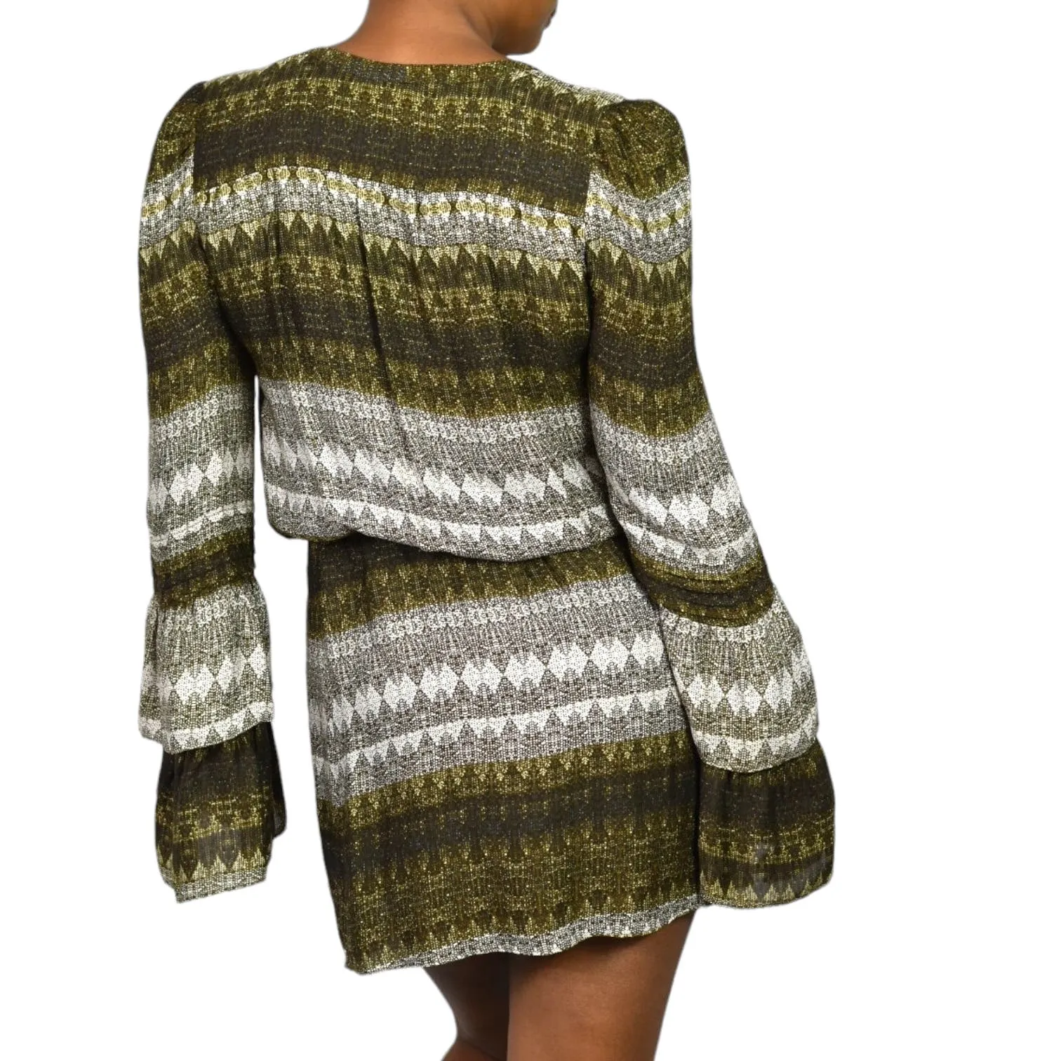 Parker Silk Print Mini Dress Brown Stripe Graphic Tassels Long Sleeve Tiered Size Small
