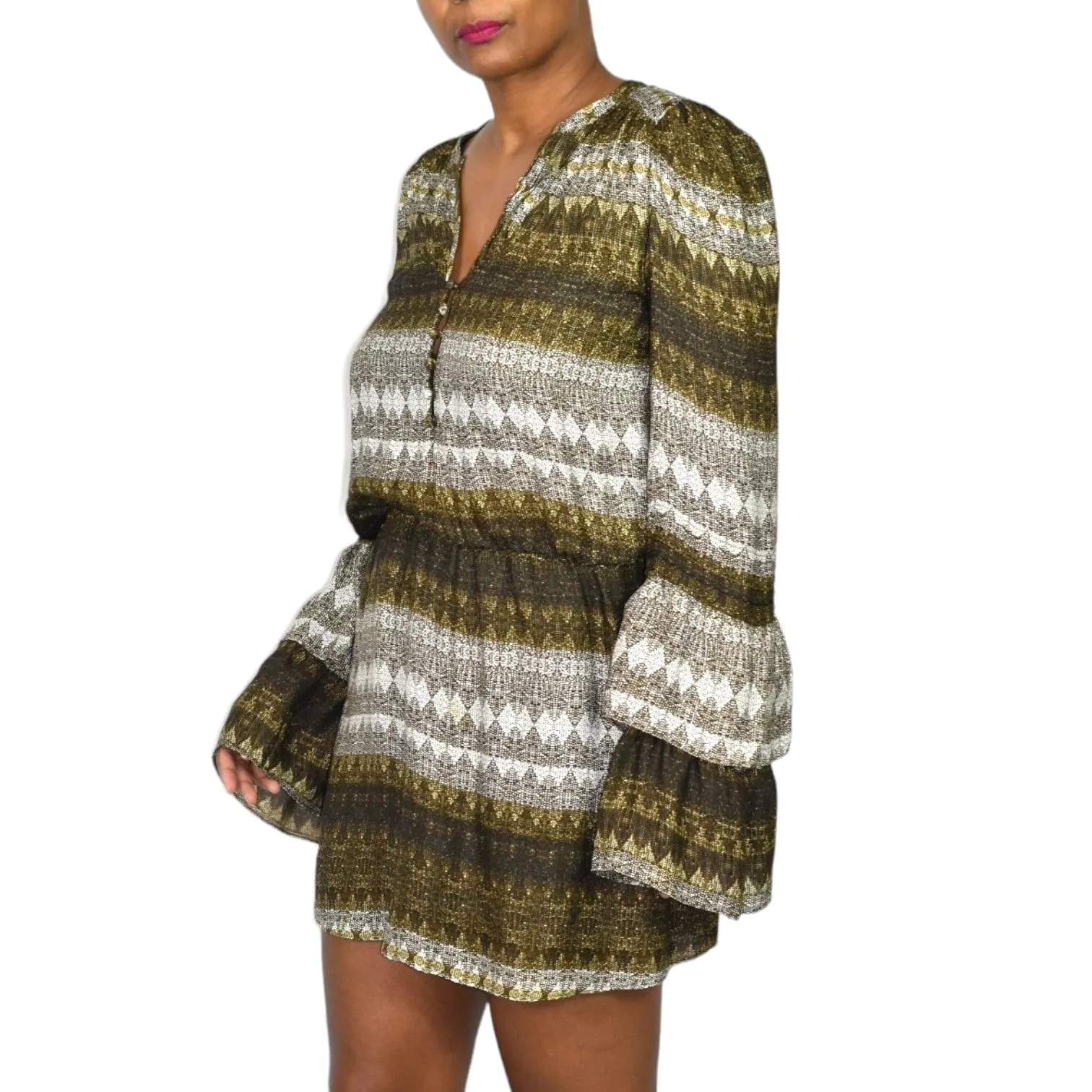 Parker Silk Print Mini Dress Brown Stripe Graphic Tassels Long Sleeve Tiered Size Small